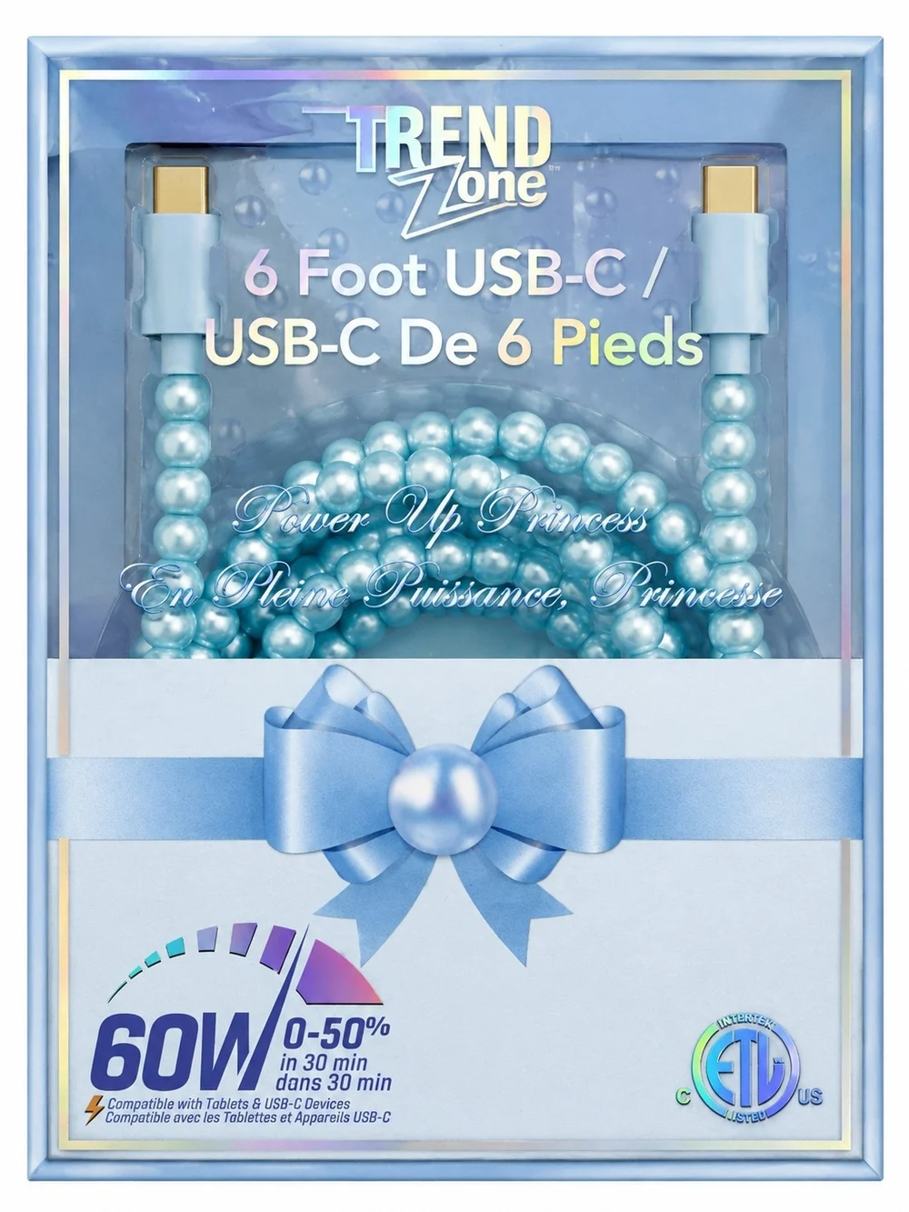 Pearl-Beaded USB-C Charging Cable - Light Blue